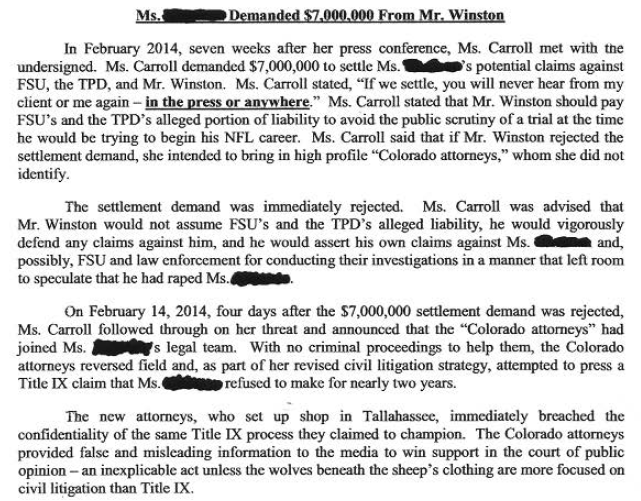 Winston's civil attorney, Cornwell, claiming the accuser's team was seeking a large sum settlement.