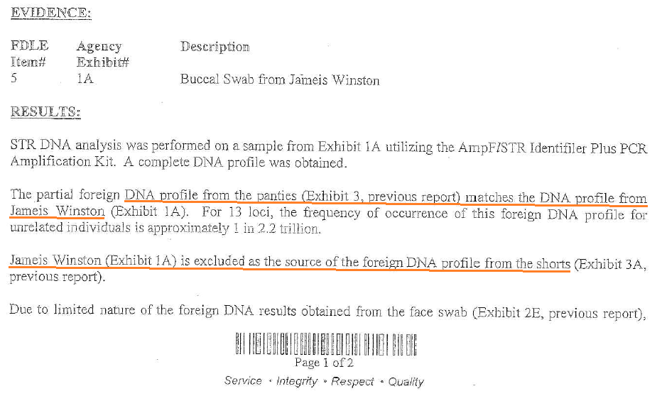 Winston's DNA a match on the panties per the FDLE Lab Report.
